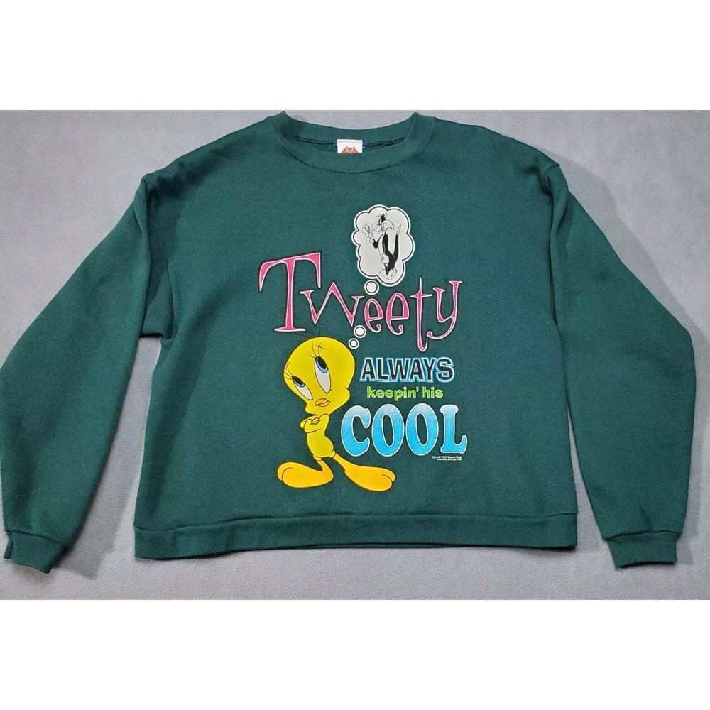 Vtg Tweety Sylvester Sweatshirt Womens Medium Green Crop Top Looney Tunes 1997